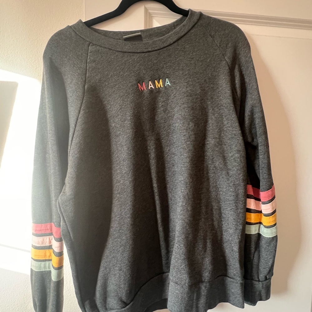 Gray 'MAMA' Sweater with Colorful Stripes